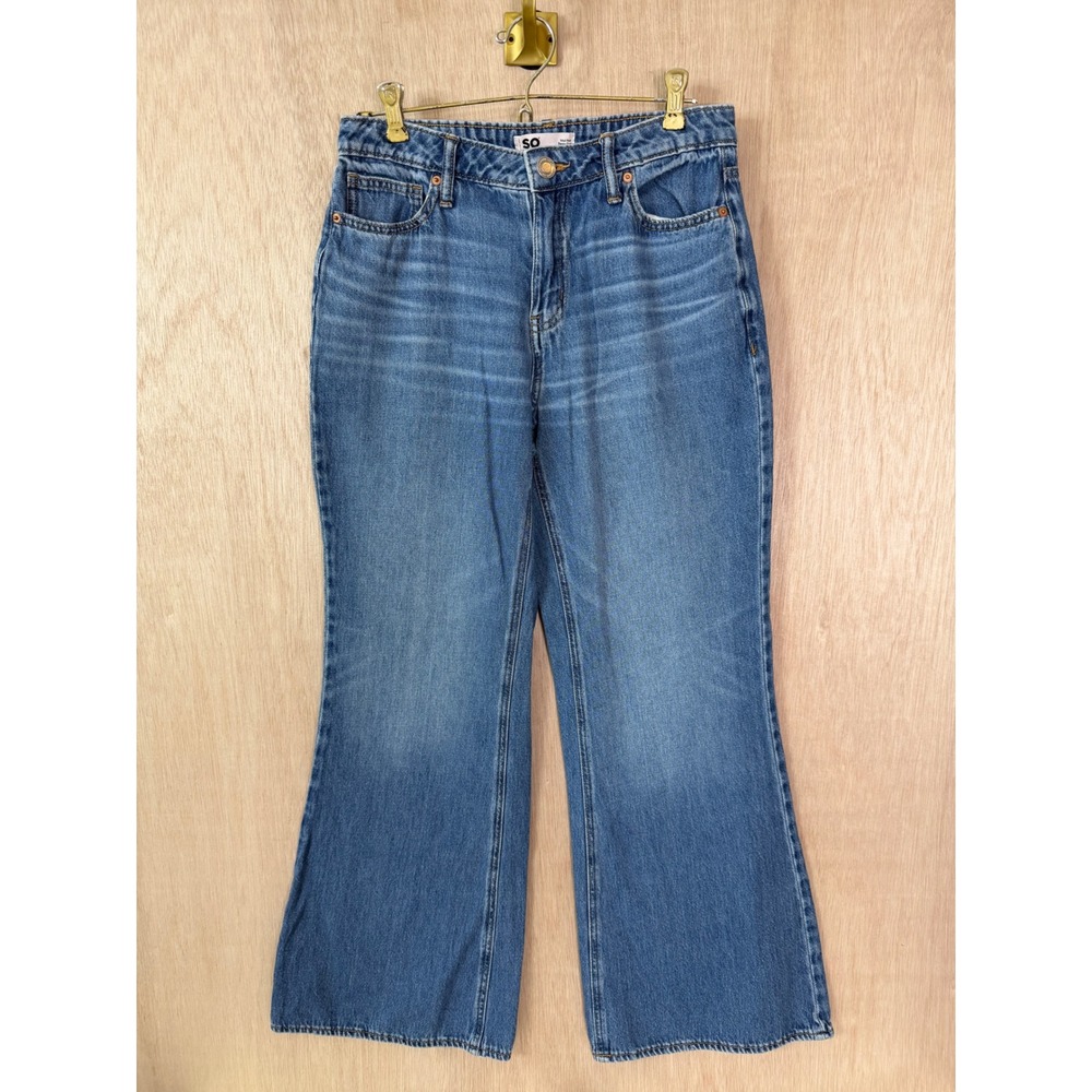 SO Womens Mid Rise Baggy Flare Jeans Blue Denim 100% Cotton Size 7 28W